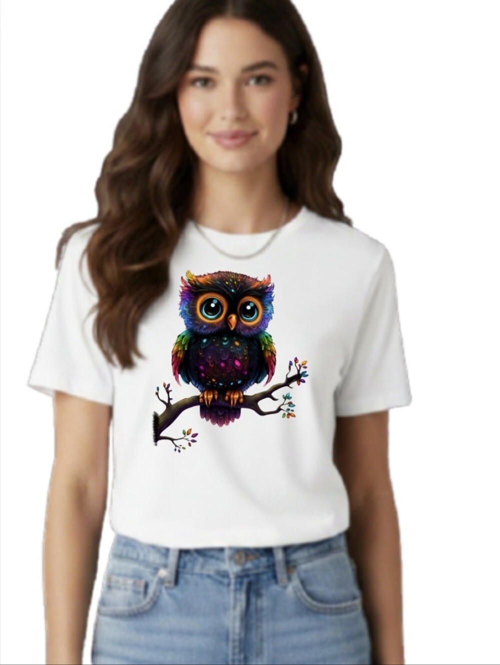 Luxury Neon Owl Graphic White Tee - Size M